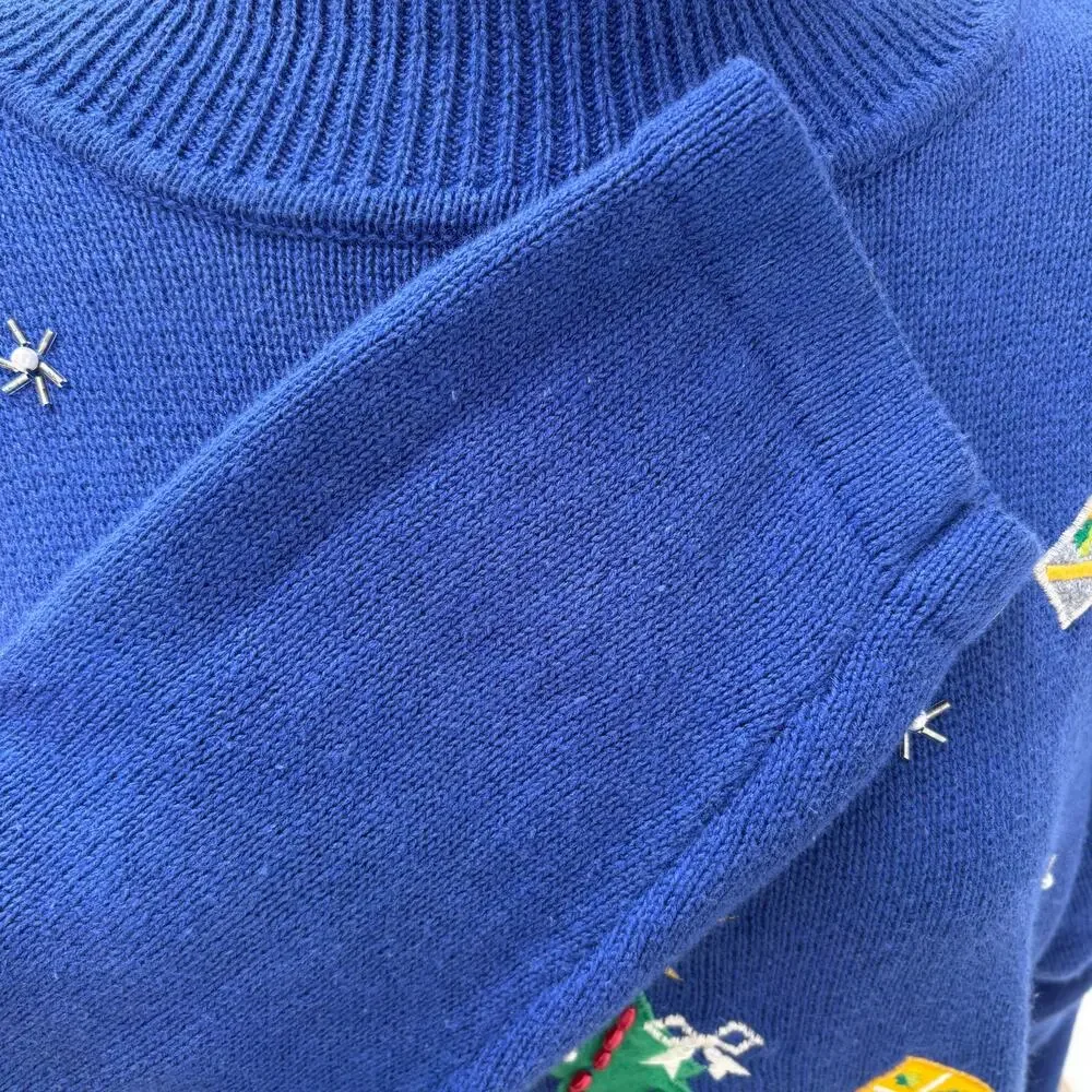 VTG Ugly Christmas Sweater‎ Lg Blue Tree Presents Oversized Ramie Holiday Granny